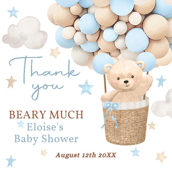 Blue Teddy Bear Hot Air Balloon Baby Shower Favor Tags | Editable Canva Template