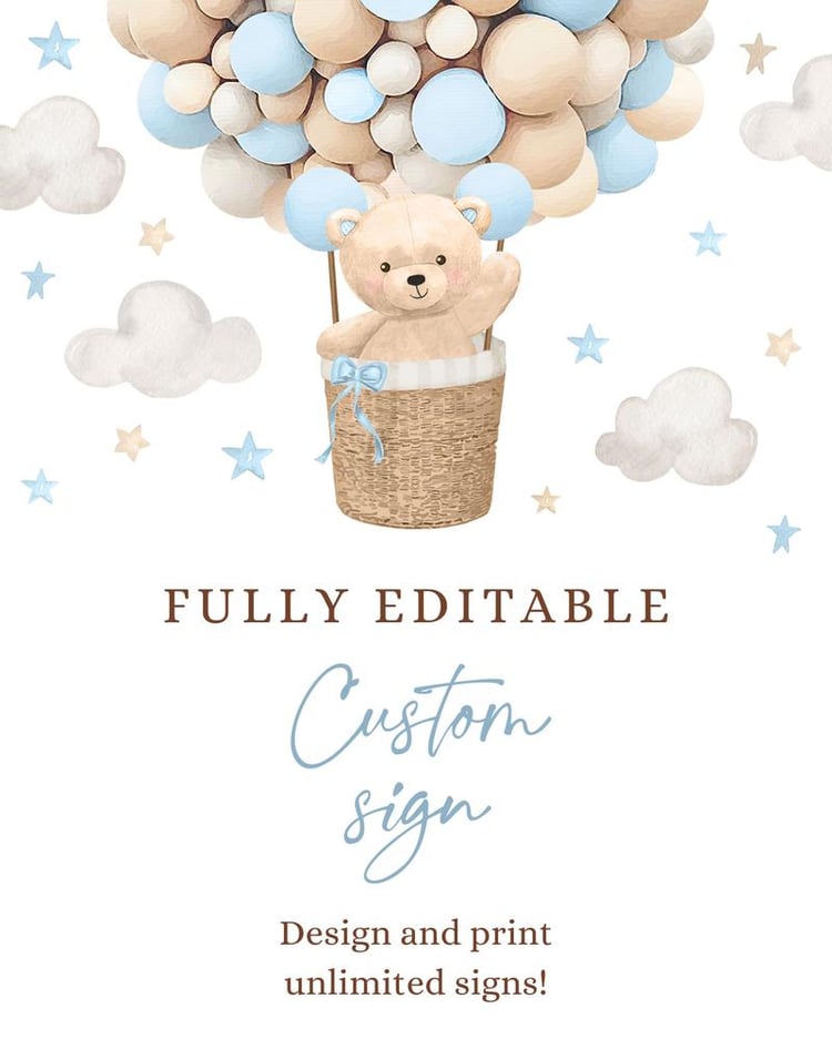 Blue Teddy Bear Hot Air Balloon Baby Shower Sign | Editable Canva Template