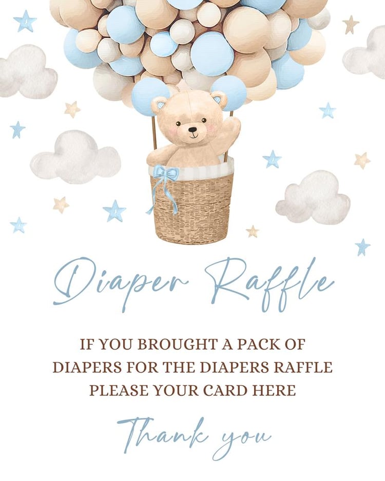 Blue Teddy Bear Hot Air Balloon Diaper Raffle Sign - Editable Canva Template