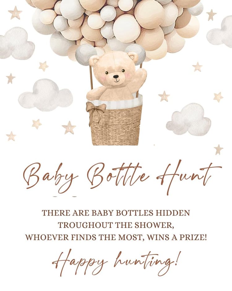 Teddy Bear Hot Air Balloon Baby Bottle Hunt Sign | Editable Canva Template