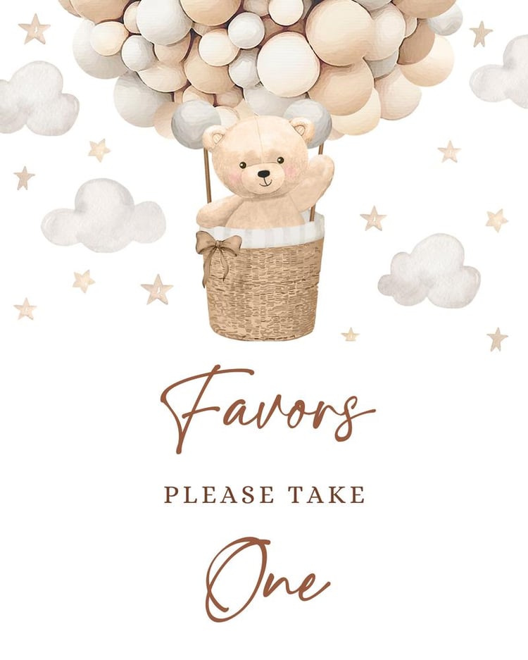 Teddy Bear Hot Air Balloon Baby Shower Favor Sign | Editable Canva Template