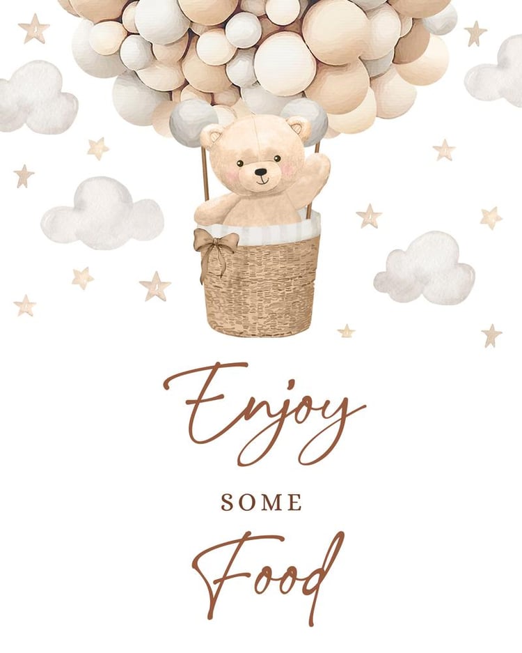 Teddy Bear Hot Air Balloon Baby Shower Food Sign | Neutral Canva Template