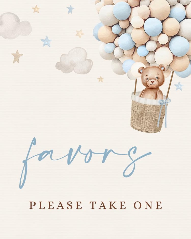 Blue Teddy Bear Hot Air Balloon Baby Shower Favor Sign Canva Template