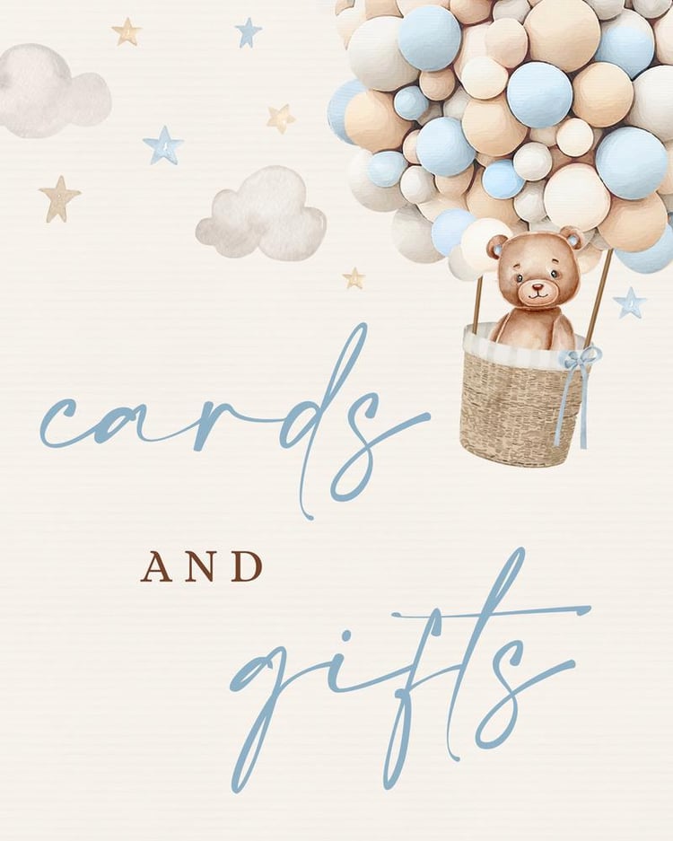 Blue Teddy Bear Hot Air Balloon Baby Shower Cards and Gifts Sign Template