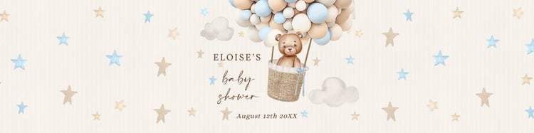 Blue Teddy Bear Hot Air Balloon Baby Shower Water Bottle Labels Canva