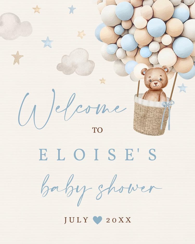 Blue Teddy Bear Hot Air Balloon Baby Shower Welcome Sign Canva Template