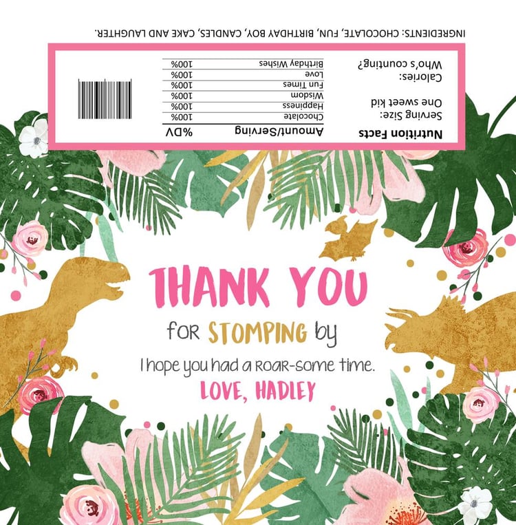 Pink Dinosaur Candy Bar Wrapper Template, Editable Girl Safari Chocolate Label