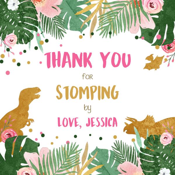 Pink & Gold Dinosaur Birthday Favor Tags | Editable Girl T-Rex Gift Tags