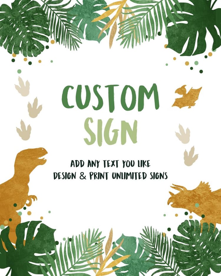 Dinosaur Birthday Table Sign Template | Editable Green & Gold T-Rex Decor 8x10