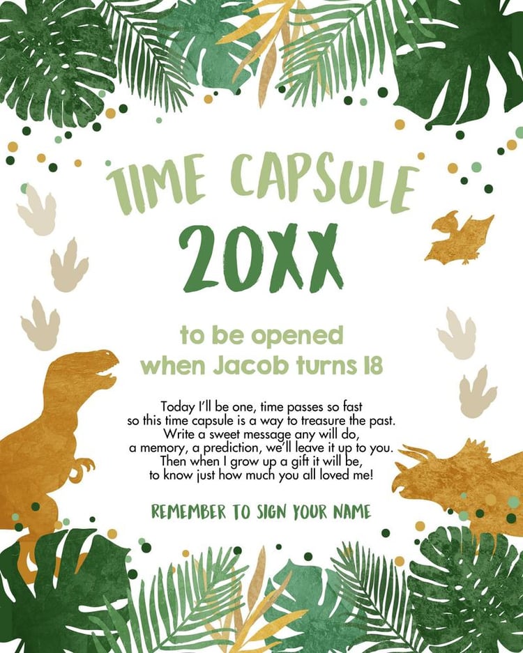 Dinosaur 1st Birthday Time Capsule Template | Green & Gold T-Rex Table Sign