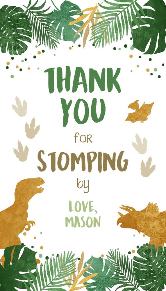 Editable Dinosaur Birthday Favor Tags - Green & Gold T-Rex Thank You Tags