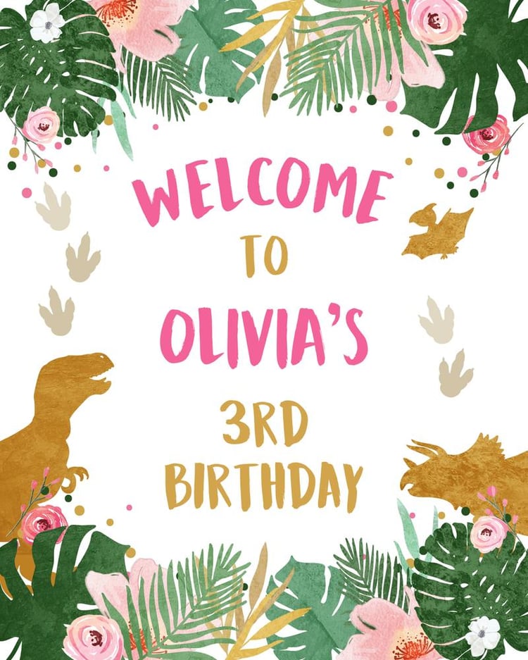 Editable Pink and Gold Girl Dinosaur Birthday Welcome Sign Canva Template