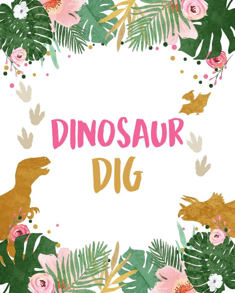 Pink and Gold Dinosaur Dig Table Sign - Editable Girl Dino Party Decor