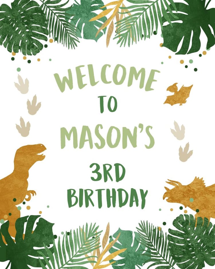 Green and Gold Dinosaur Birthday Welcome Sign | Editable Dino Dig Canva Template