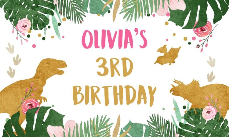 Pink Dinosaur Birthday Backdrop - Girl’s Prehistoric Party Banner Canva Template