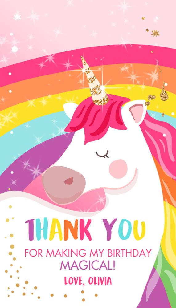 Editable Unicorn Birthday Favor Tags | Rainbow & Gold Thank You Labels