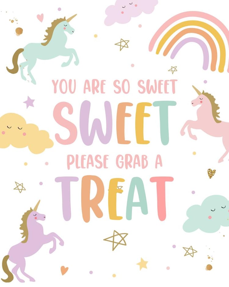 Editable Unicorn Birthday Treat Table Sign - Rainbow Pastel Canva Template