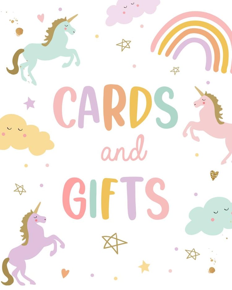 Unicorn Birthday Cards and Gifts Sign Template | Rainbow Pastel Editable Canva