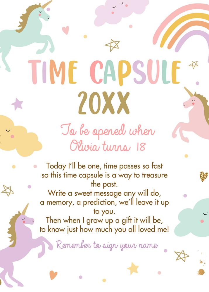Unicorn First Birthday Time Capsule Template | Editable Pink Pastel Rainbow