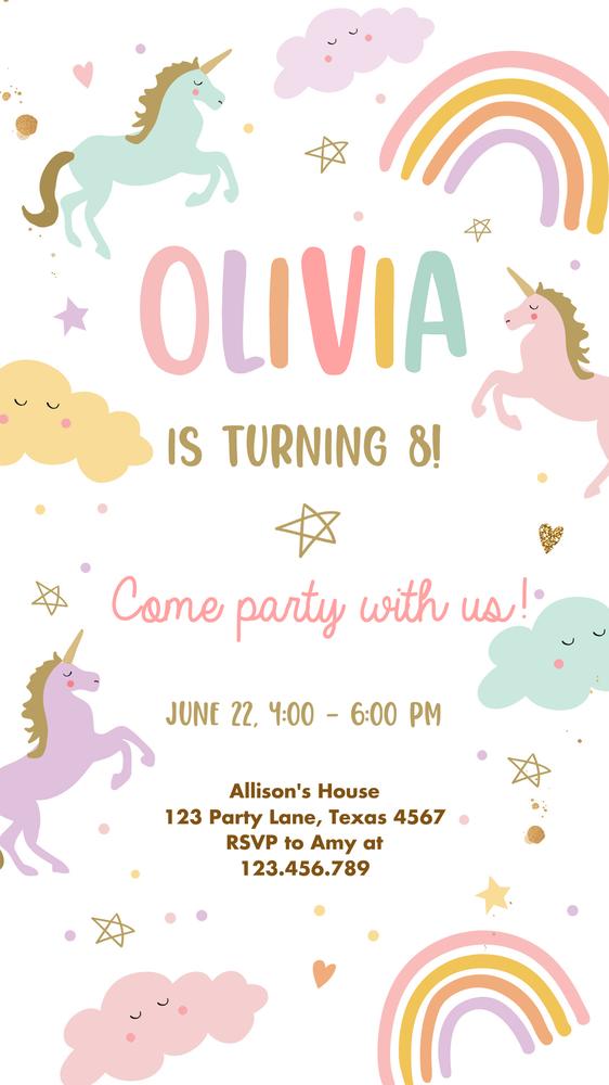 Editable Unicorn Birthday Invitation | Magical Pink Rainbow Girls Party Canva