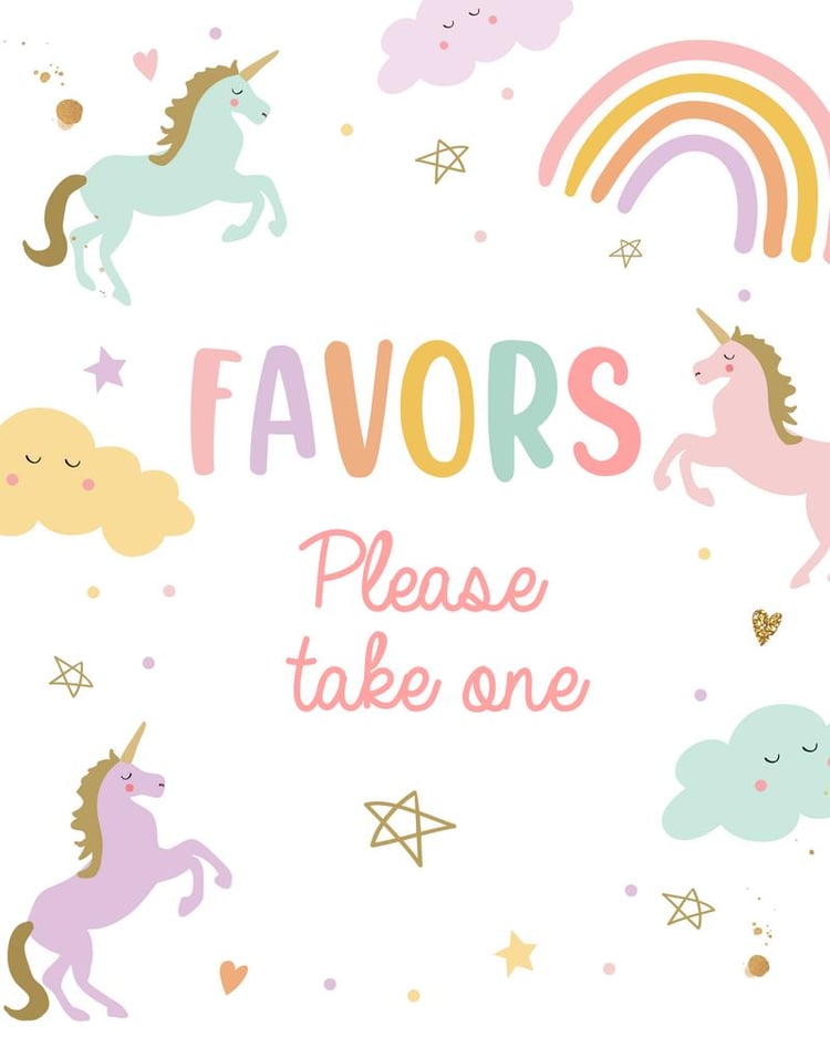 Unicorn Birthday Favors Sign Template | Editable Rainbow Pastel Party Decor