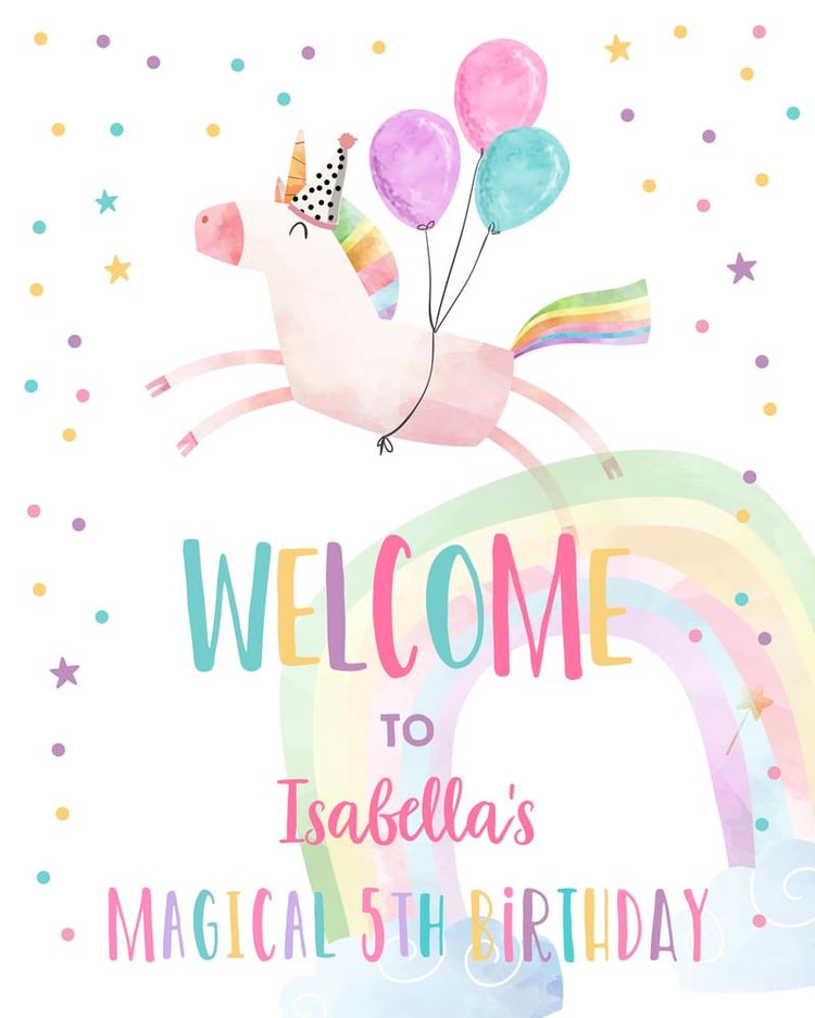 Editable Unicorn Birthday Welcome Sign | Magical Rainbow Party Poster Template