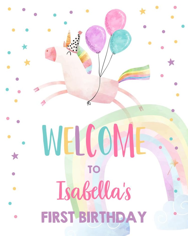 Editable Unicorn Birthday Welcome Sign | Rainbow Magical Girl Party Poster