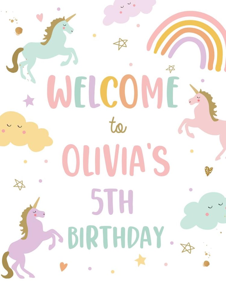 Editable Unicorn Birthday Welcome Sign | Rainbow Pastel Girls Party Poster