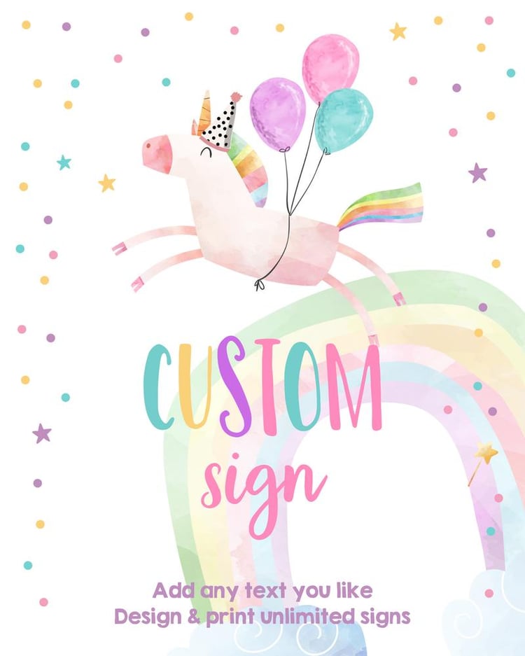 Editable Unicorn Birthday Table Sign Template - Pink & Gold Magical Rainbow 8x10