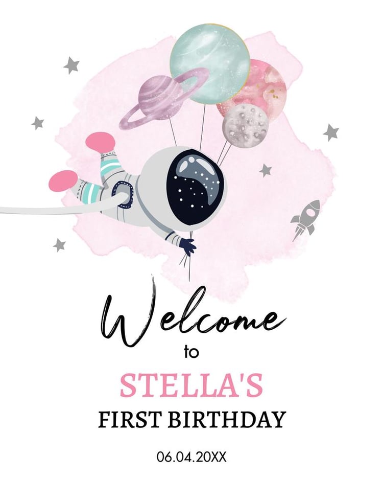 Outer Space 1st Birthday Welcome Sign, Pink Galaxy Girl Canva Template
