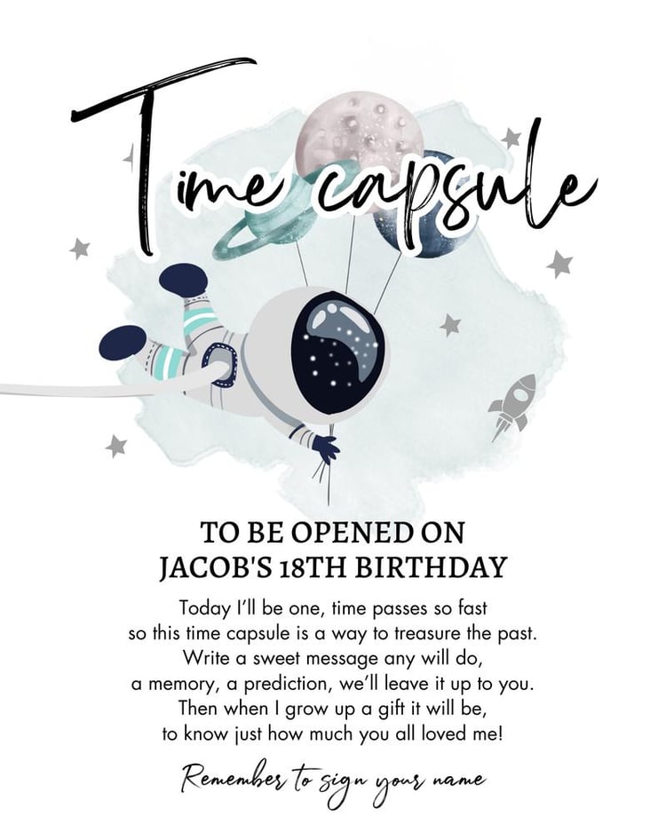 Astronaut Outer Space Time Capsule | 1st Birthday Guestbook Canva Template