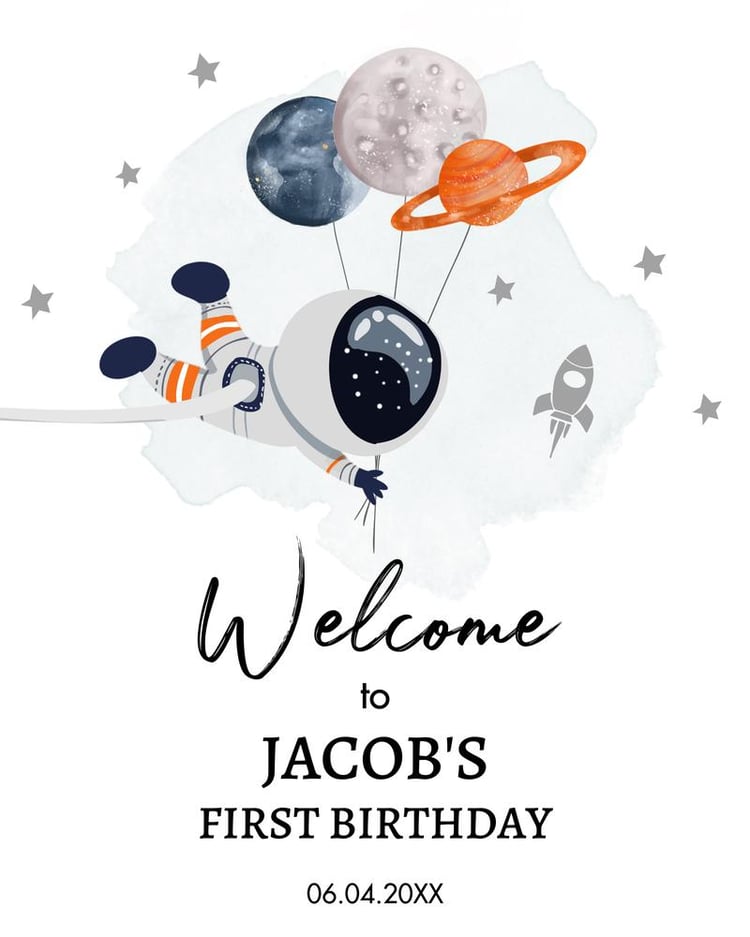 Outer Space 1st Birthday Welcome Sign | Galaxy Trip Around the Sun Canva Template