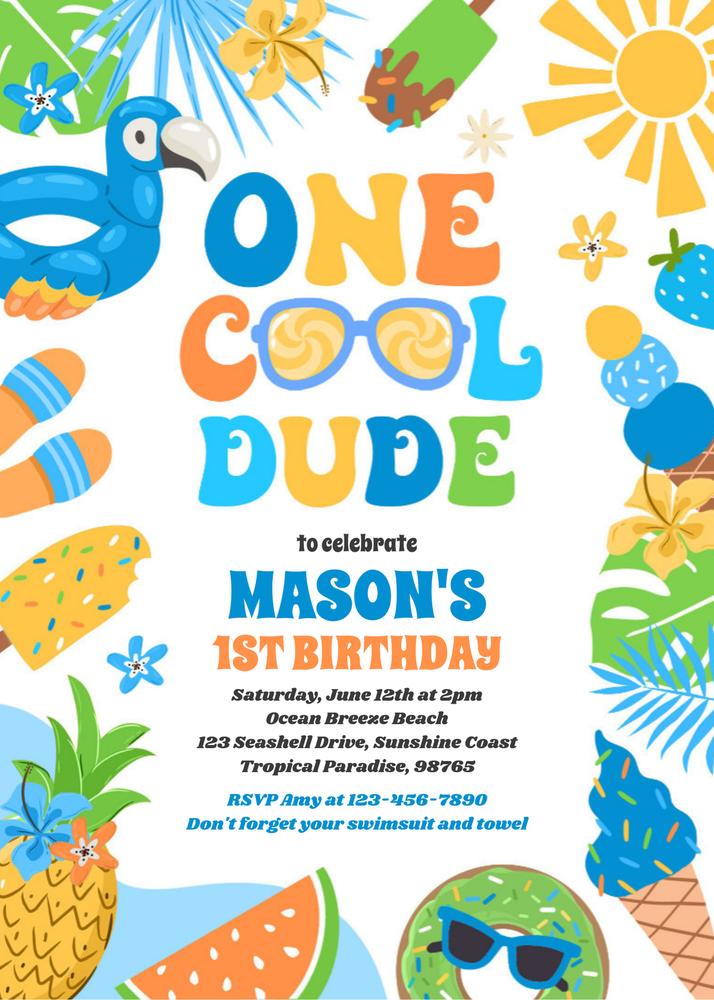 One Cool Dude 1st Birthday Invitation | Tropical Summer Canva Template