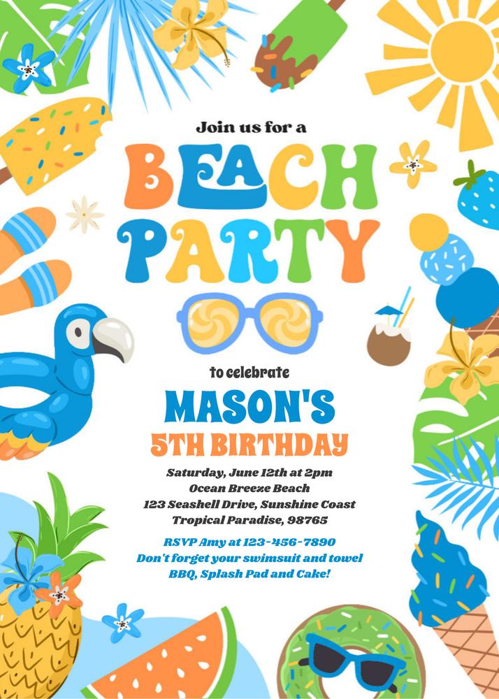 Editable Tropical Beach Summer Birthday Invitation - Canva Ocean Party Template