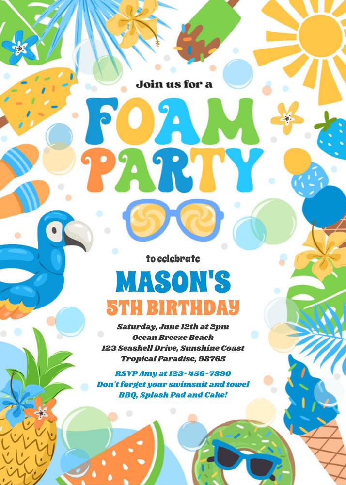 Tropical Foam & Pool Splash Pad Birthday Party Invite | Editable Canva Template