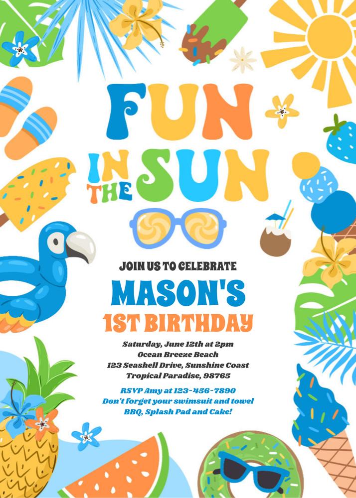 Fun In The Sun Tropical Beach Birthday Invitation | Editable Canva Template