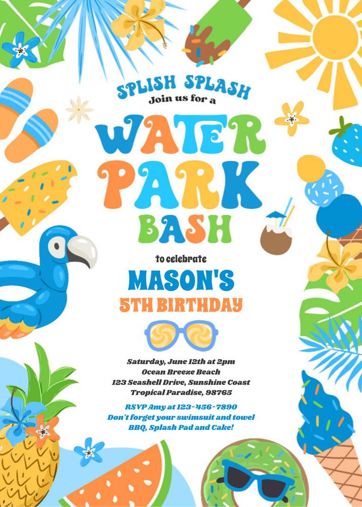 Editable Tropical Water Park Birthday Invitation Template | Summer Splash Party