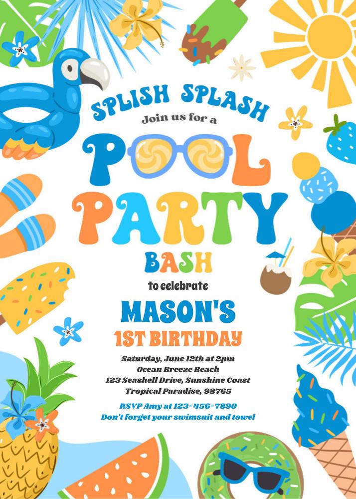 Tropical Pool Party Invitation | Summer Birthday Canva Template | Editable
