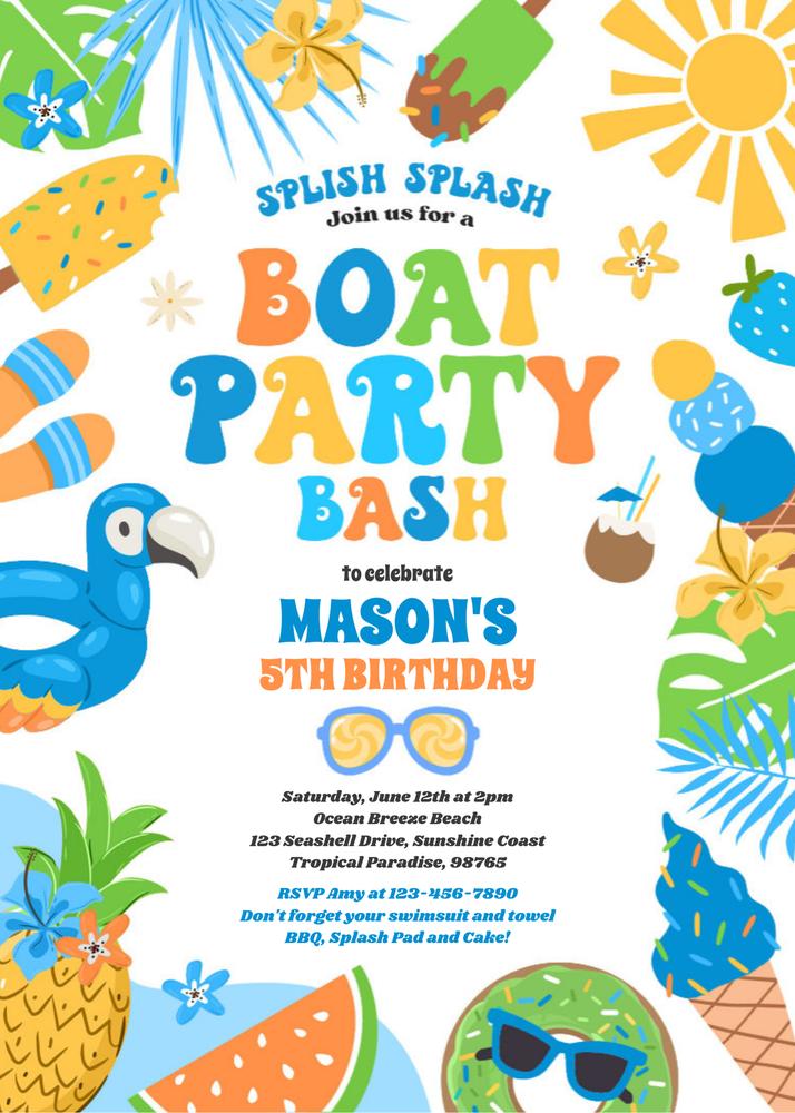 Tropical Boat & Lake Birthday Invitation | Editable Canva Marina Party Template