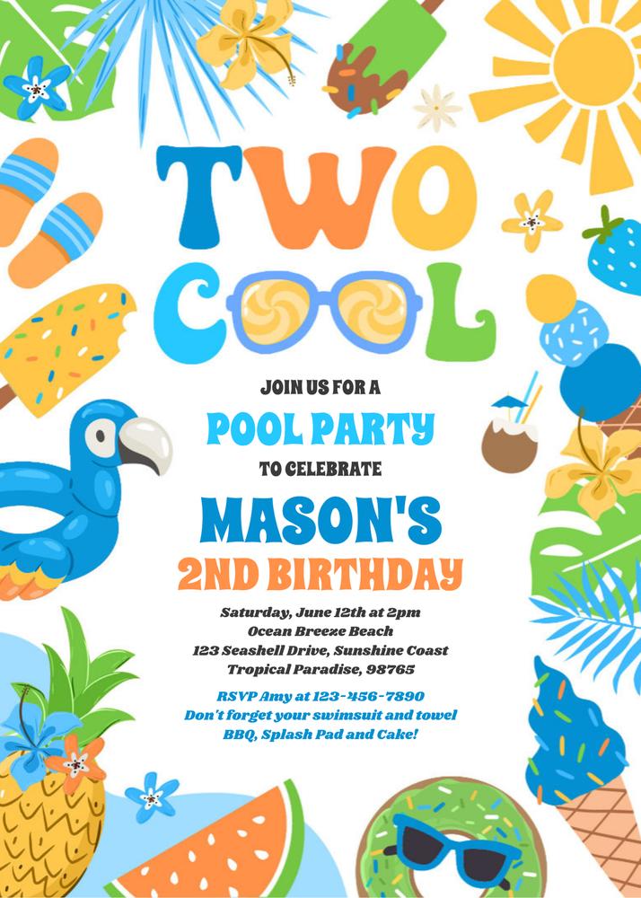 Two Cool Tropical Summer 2nd Birthday Invitation | Editable Canva Template