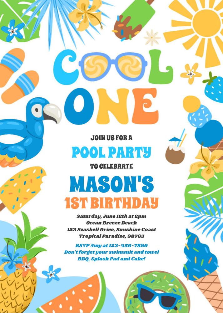 Cool One Tropical Summer Beach 1st Birthday Invitation Canva Template