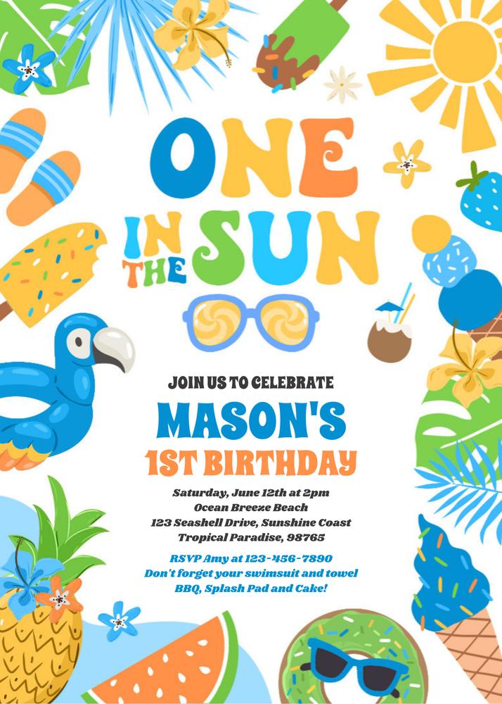 One in the Sun Tropical Beach 1st Birthday Invitation | Canva Template