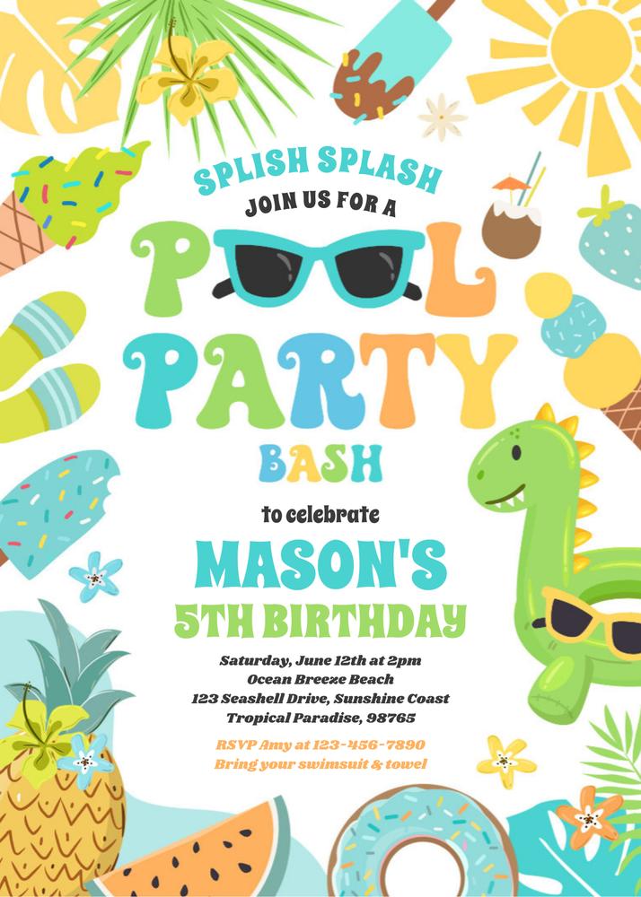 Tropical Pool Party Birthday Invitation Template | Editable Canva Summer Invite