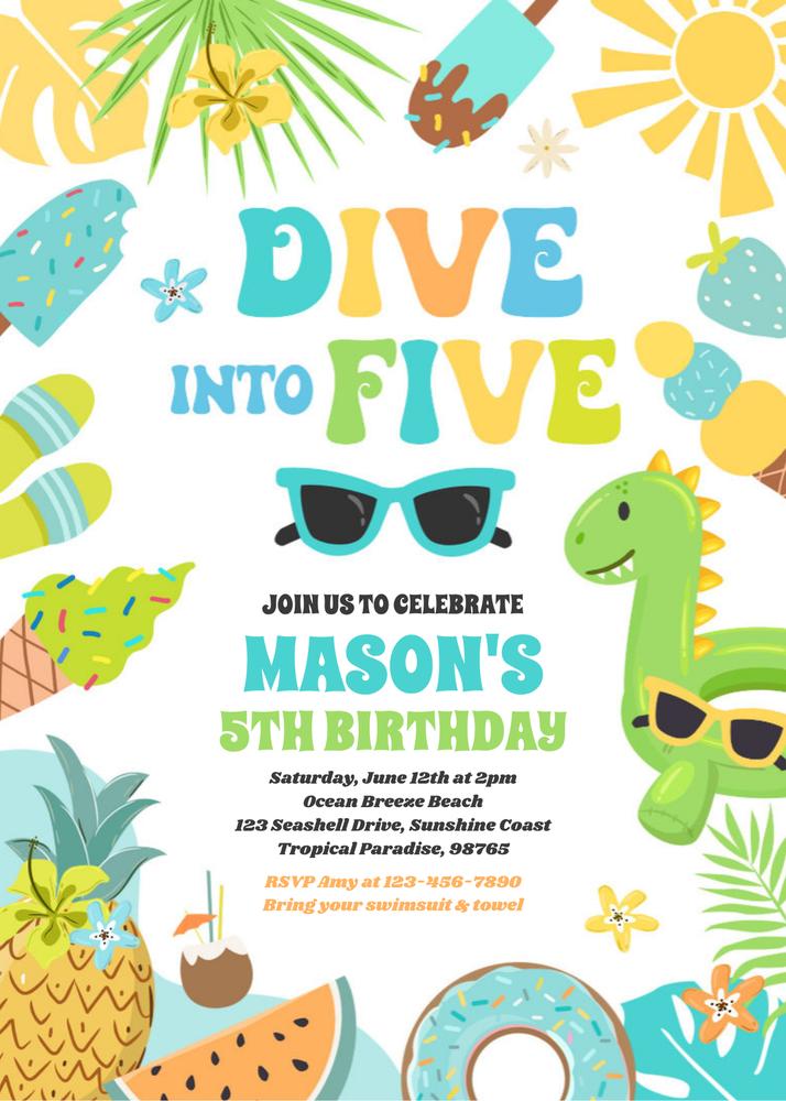 Dive Into Five Tropical Beach 5th Birthday Invitation | Editable Canva Template