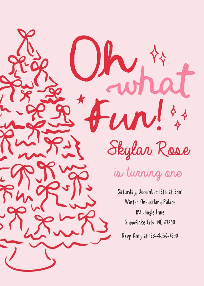 Pink Christmas Bow Birthday Invitation | Oh What Fun Coquette Holiday Template