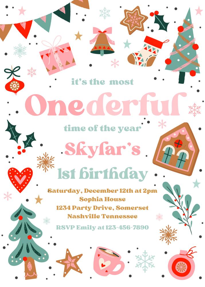 Pink & Red Christmas 1st Birthday Invitation | ONEderful Time Canva Template