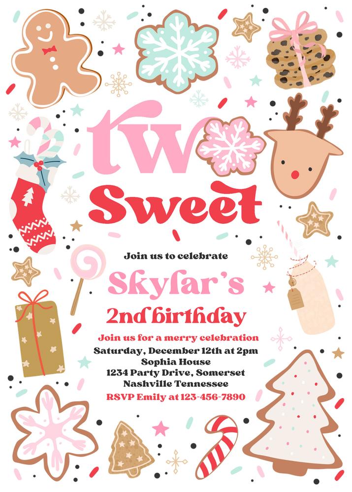 Two Sweet Christmas 2nd Birthday Invitation | Editable Holiday Cookie Party