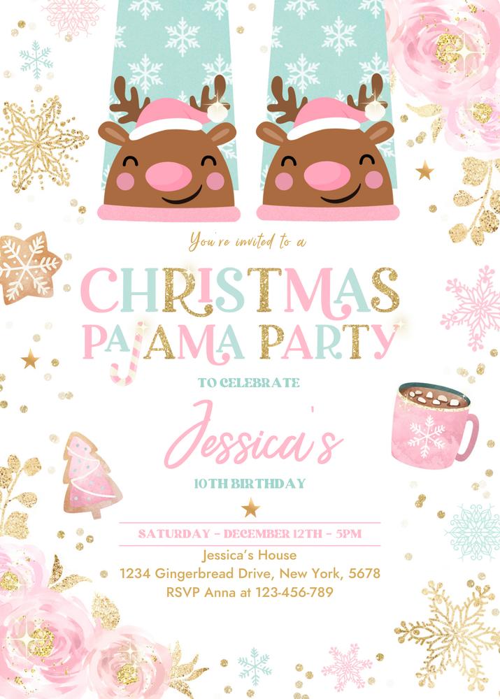 Christmas Pajama Birthday Invitation | Pink & Gold Girls Holiday Slumber Party