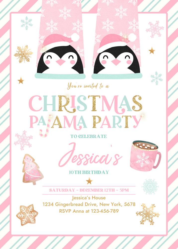 Editable Christmas Pajama Birthday Invitation | Pink & Gold Floral Slumber Party