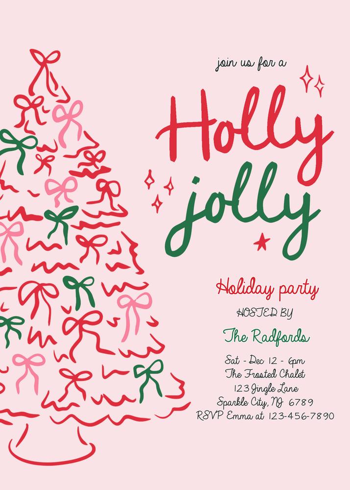 Pink & Red Holly Jolly Christmas Party Invitation | Editable Canva Template